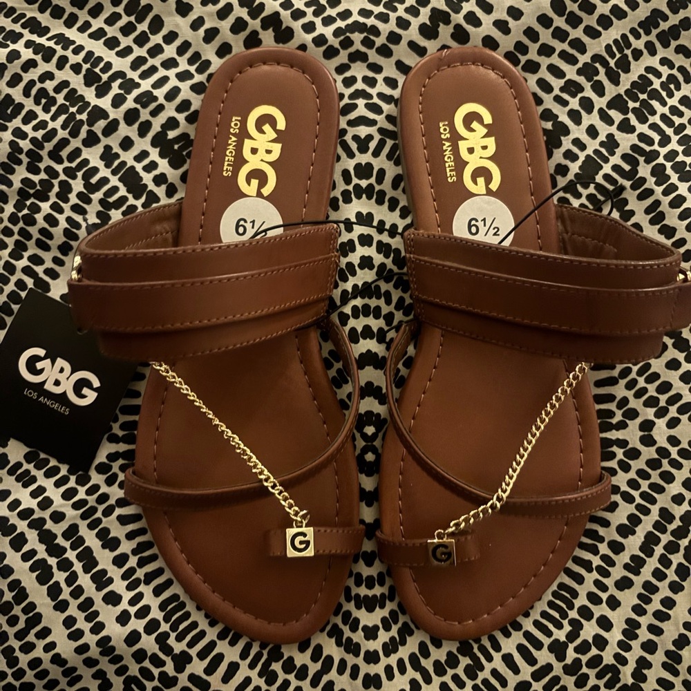 GBG Los Angeles Brown Sandals with Gold Accent